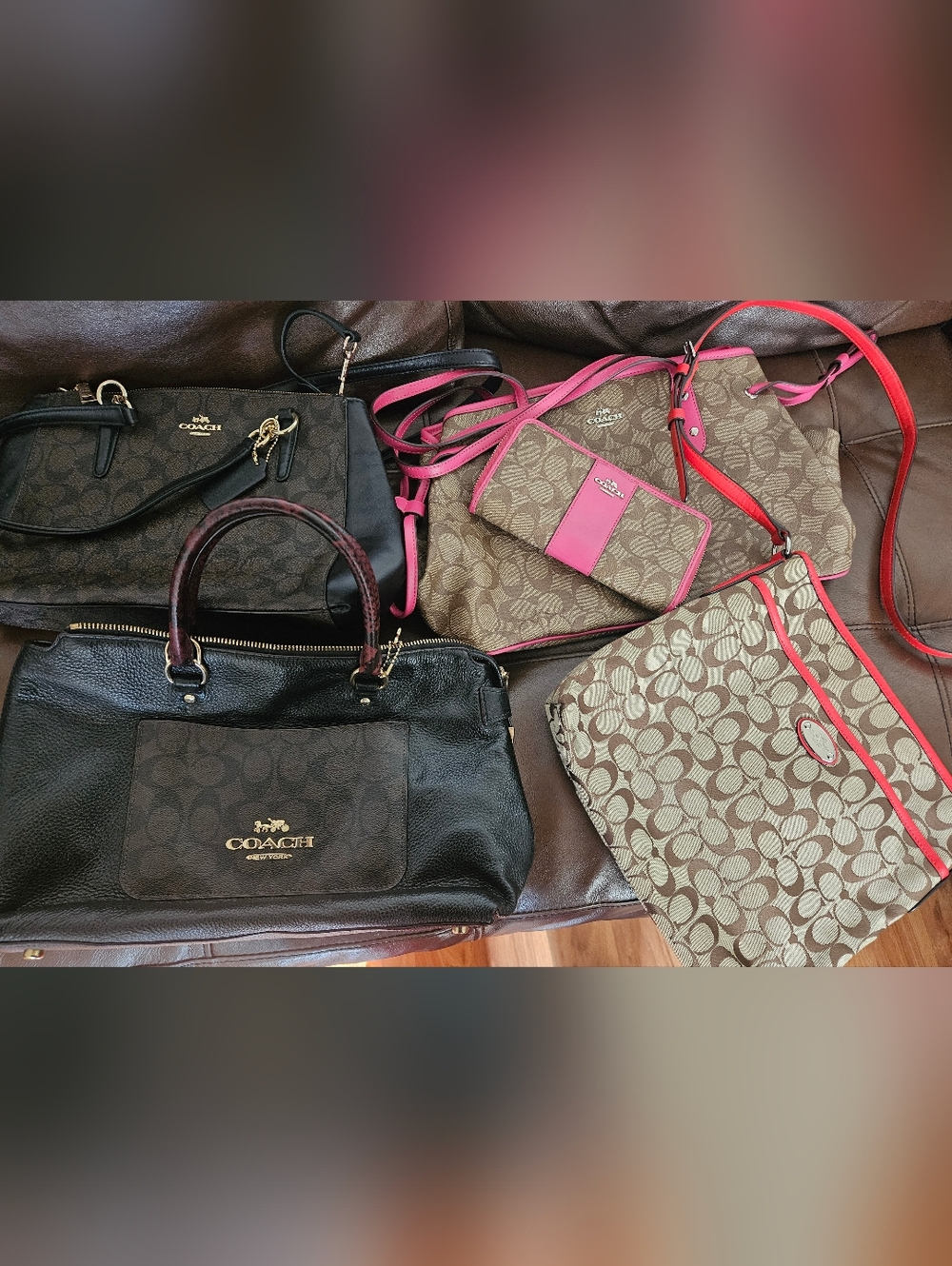 Coach Mixed Signature & Leather Shoulder Bags - Brown with Pink Trim